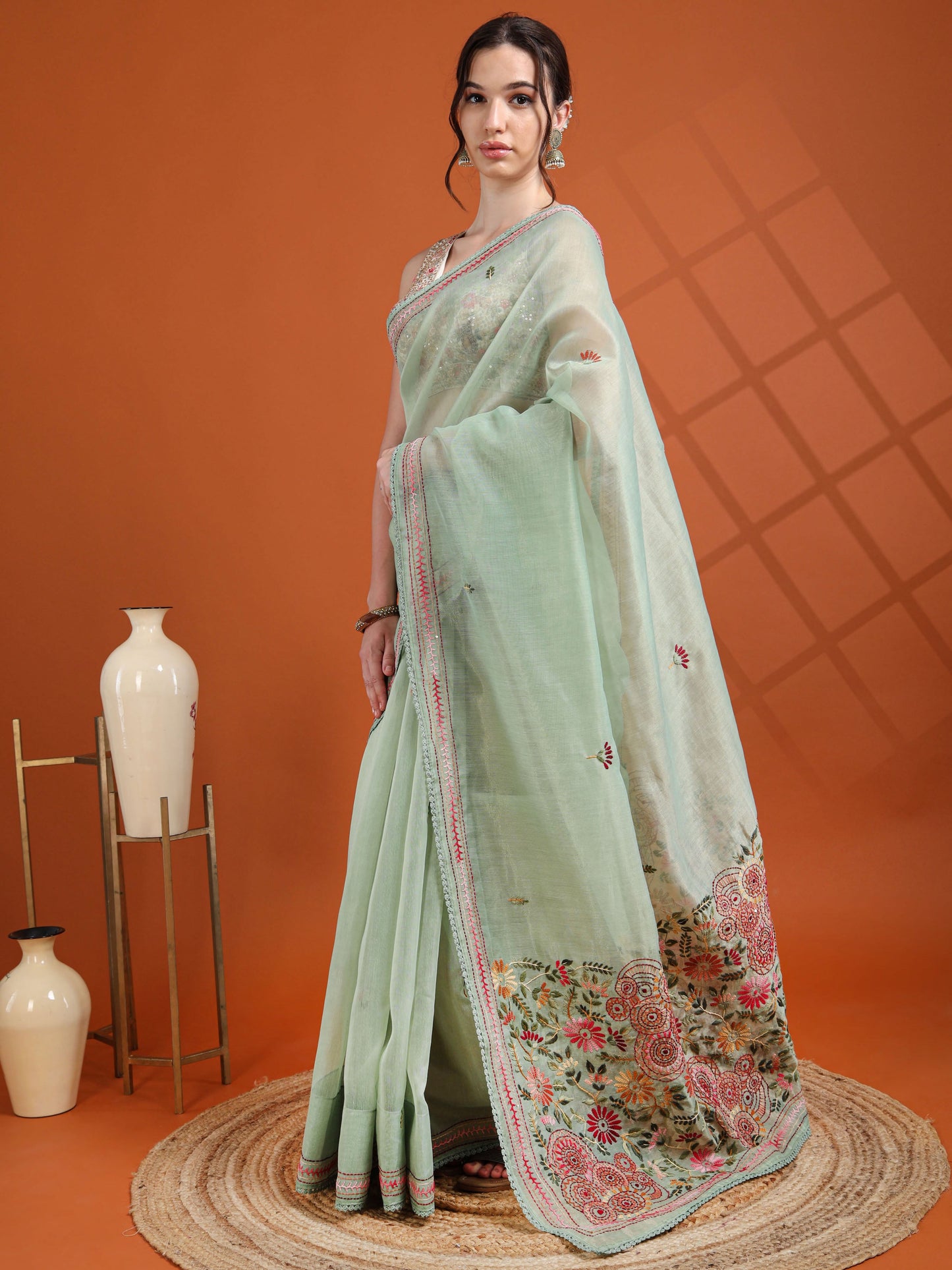 Mint Green Chanderi Tissue Saree with Hand Embroidered Pallu