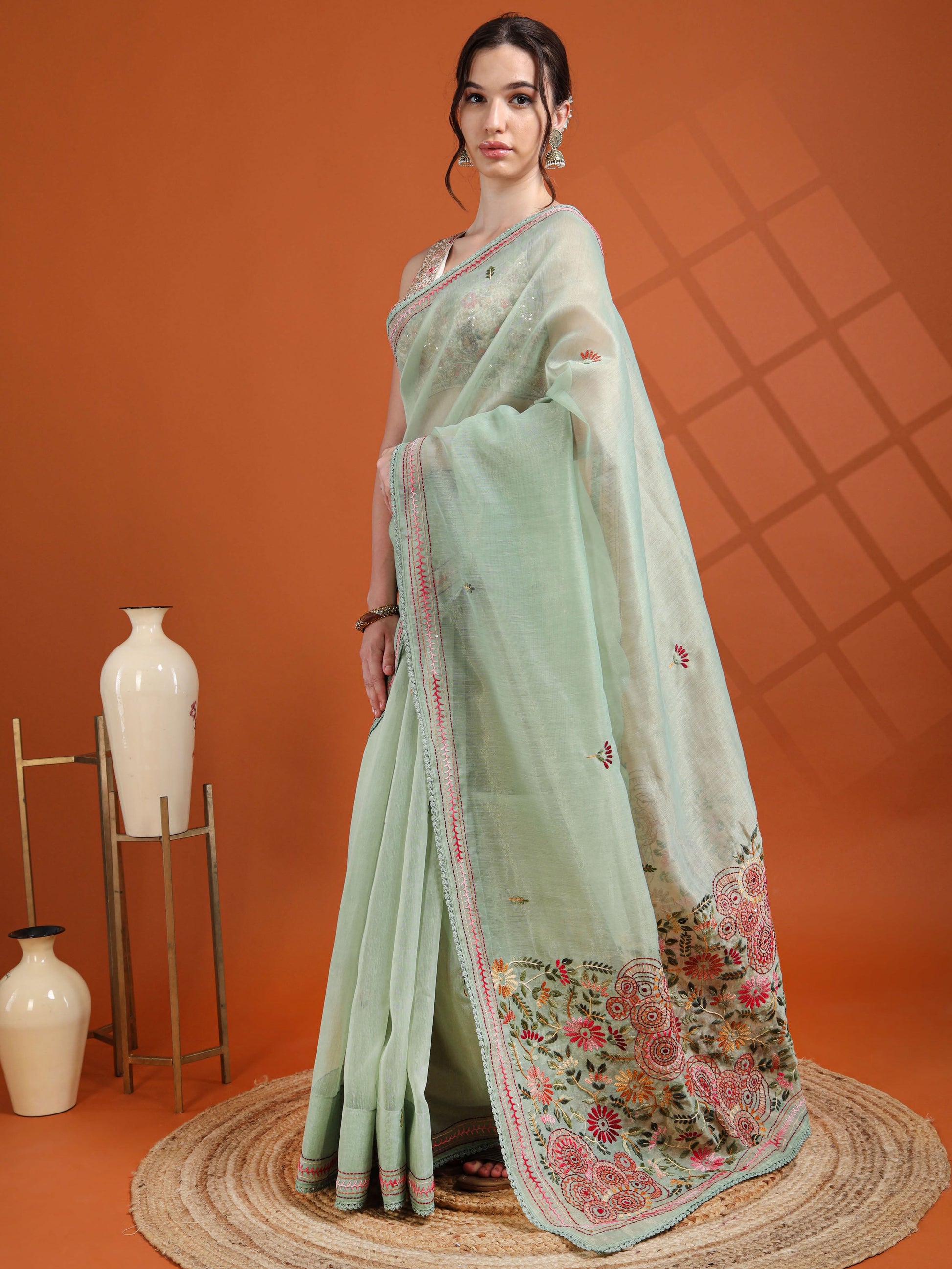 Mint Green Chanderi Tissue Saree with Hand Embroidered Pallu