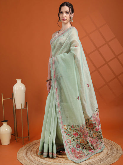 Mint Green Chanderi Tissue Saree with Hand Embroidered Pallu
