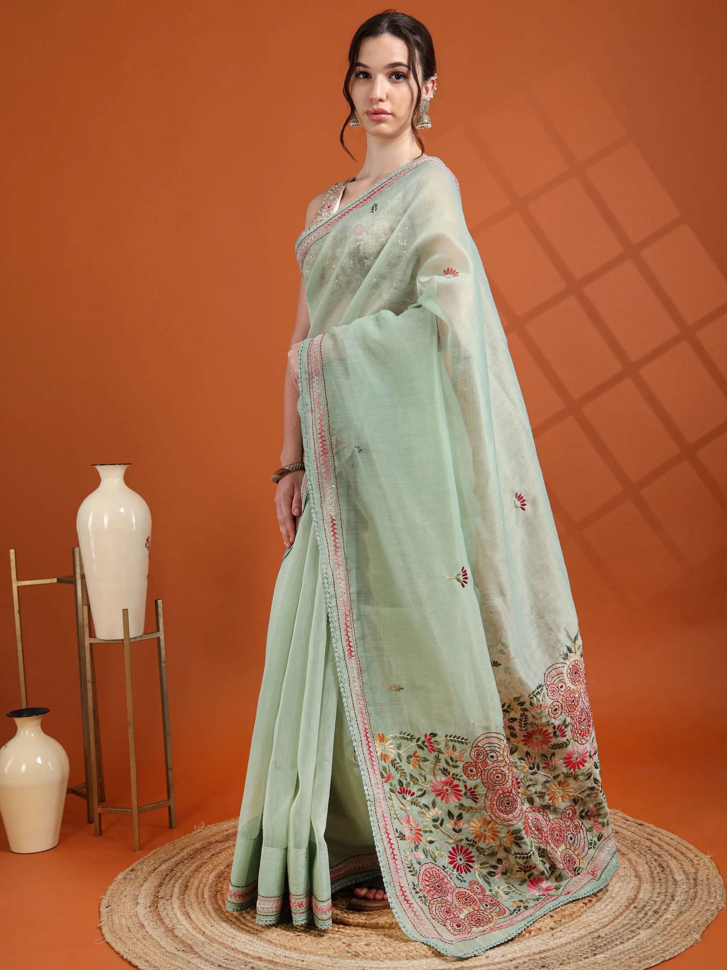 Mint Green Chanderi Tissue Saree with Hand Embroidered Pallu