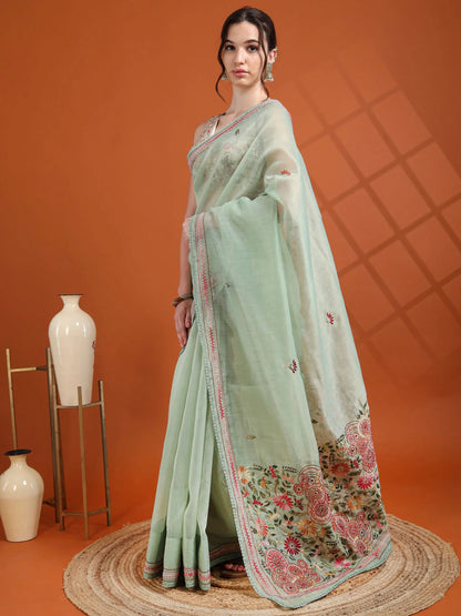 Mint Green Chanderi Tissue Saree with Hand Embroidered Pallu