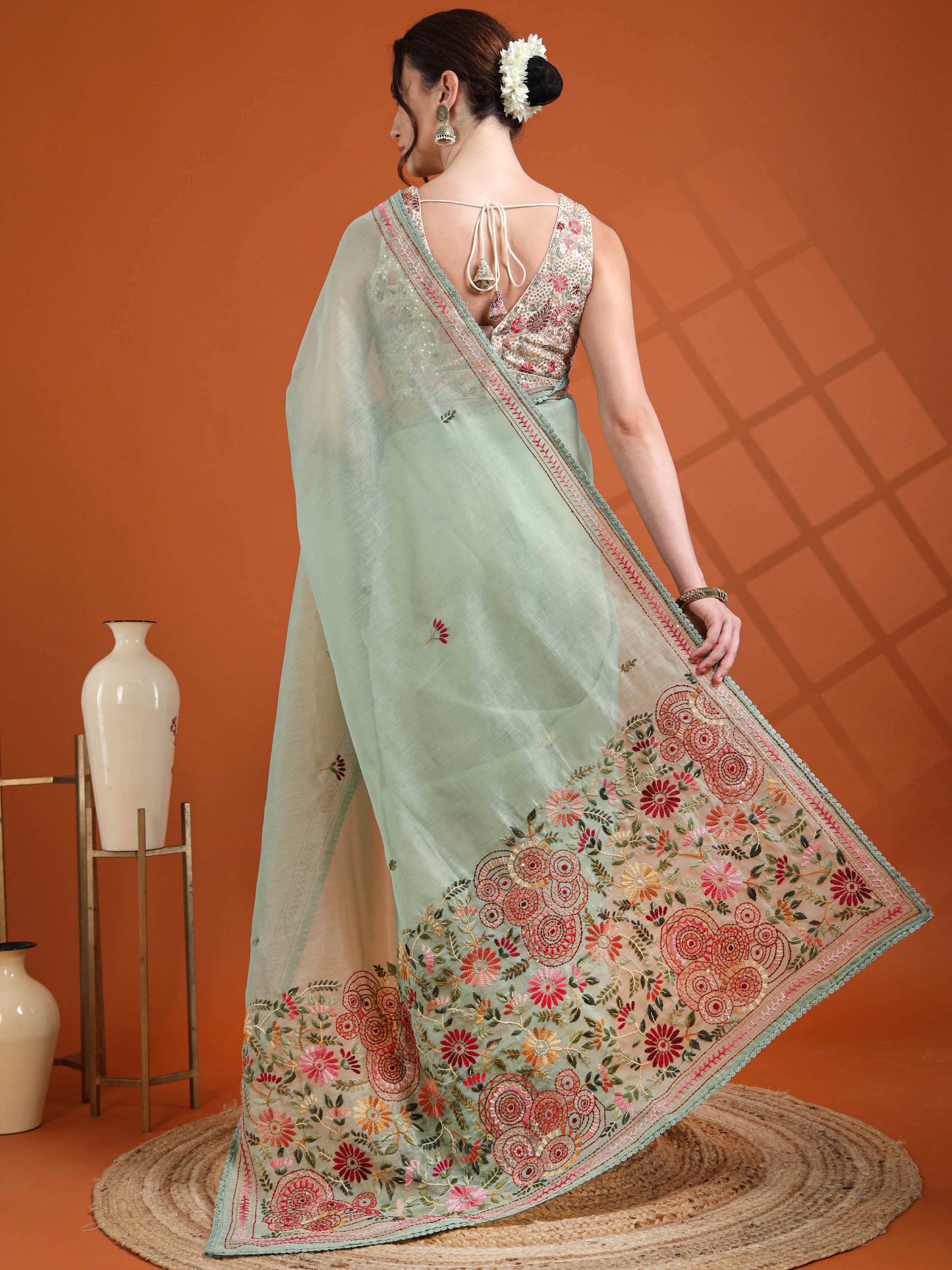 Mint Green Chanderi Tissue Saree with Hand Embroidered Pallu