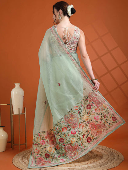 Mint Green Chanderi Tissue Saree with Hand Embroidered Pallu