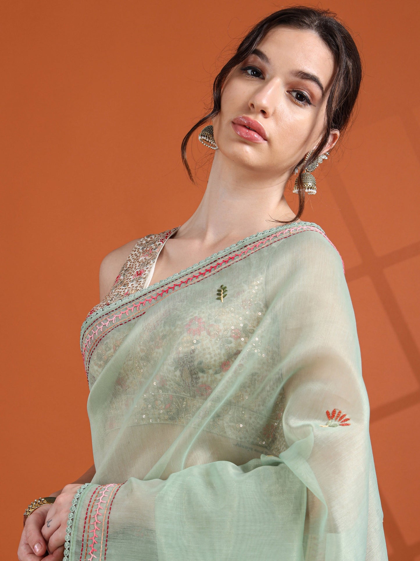 Mint Green Chanderi Tissue Saree with Hand Embroidered Pallu