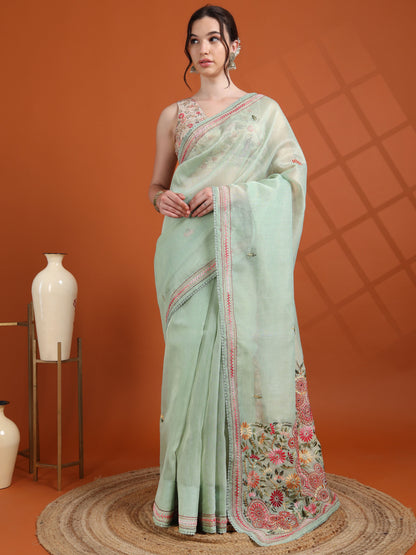 Mint Green Chanderi Tissue Saree with Hand Embroidered Pallu