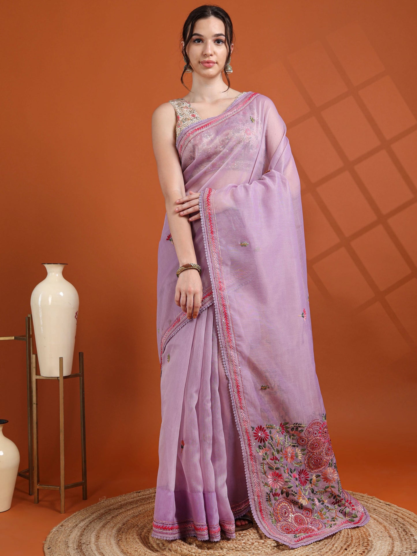 Lavender Chanderi Tissue Saree with Kantha Hand Embroidery