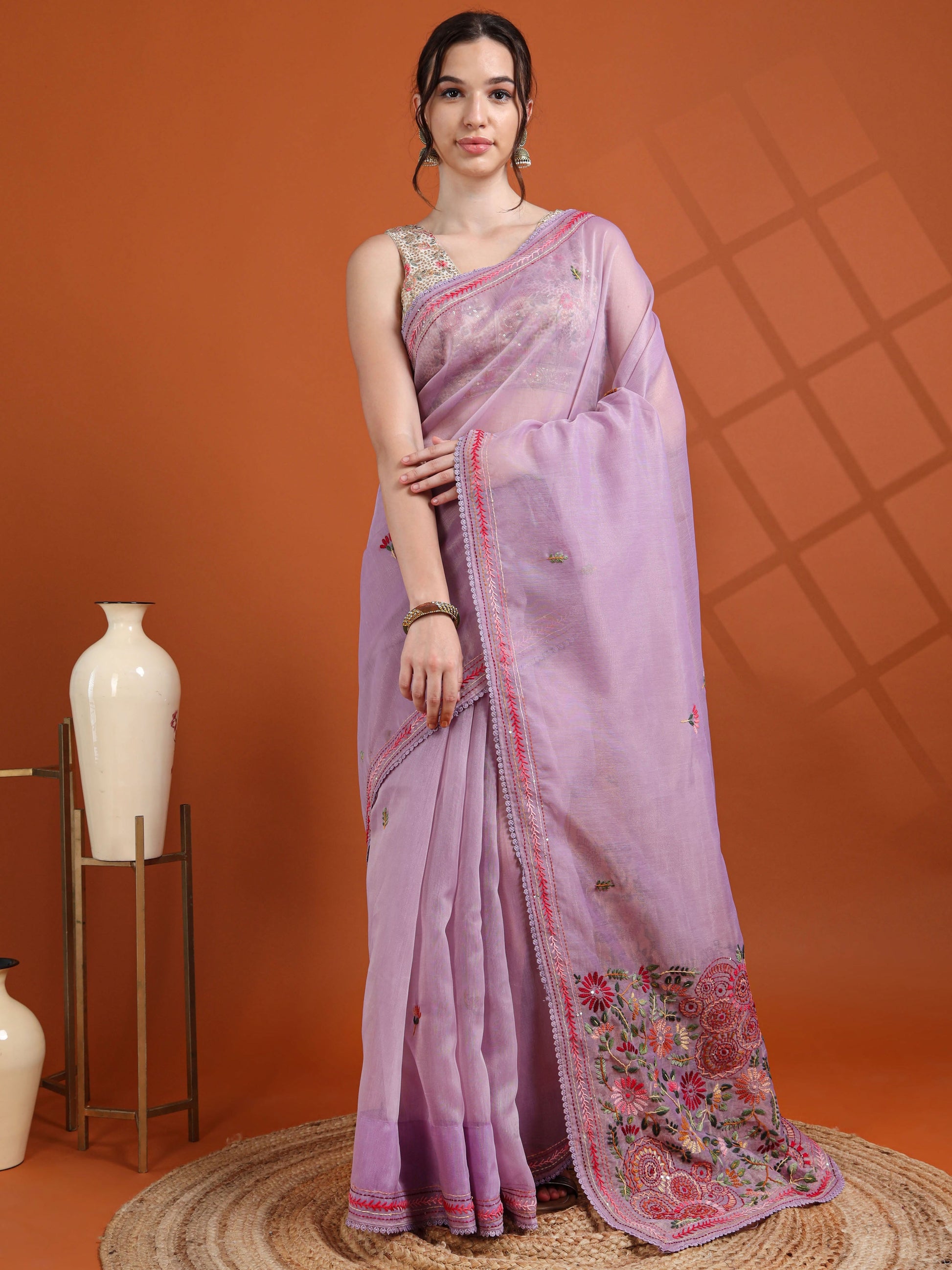 Lavender Chanderi Tissue Saree with Kantha Hand Embroidery