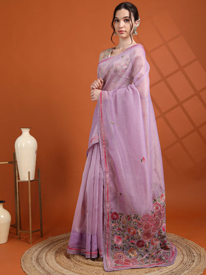Lavender Chanderi Tissue Saree with Kantha Hand Embroidery