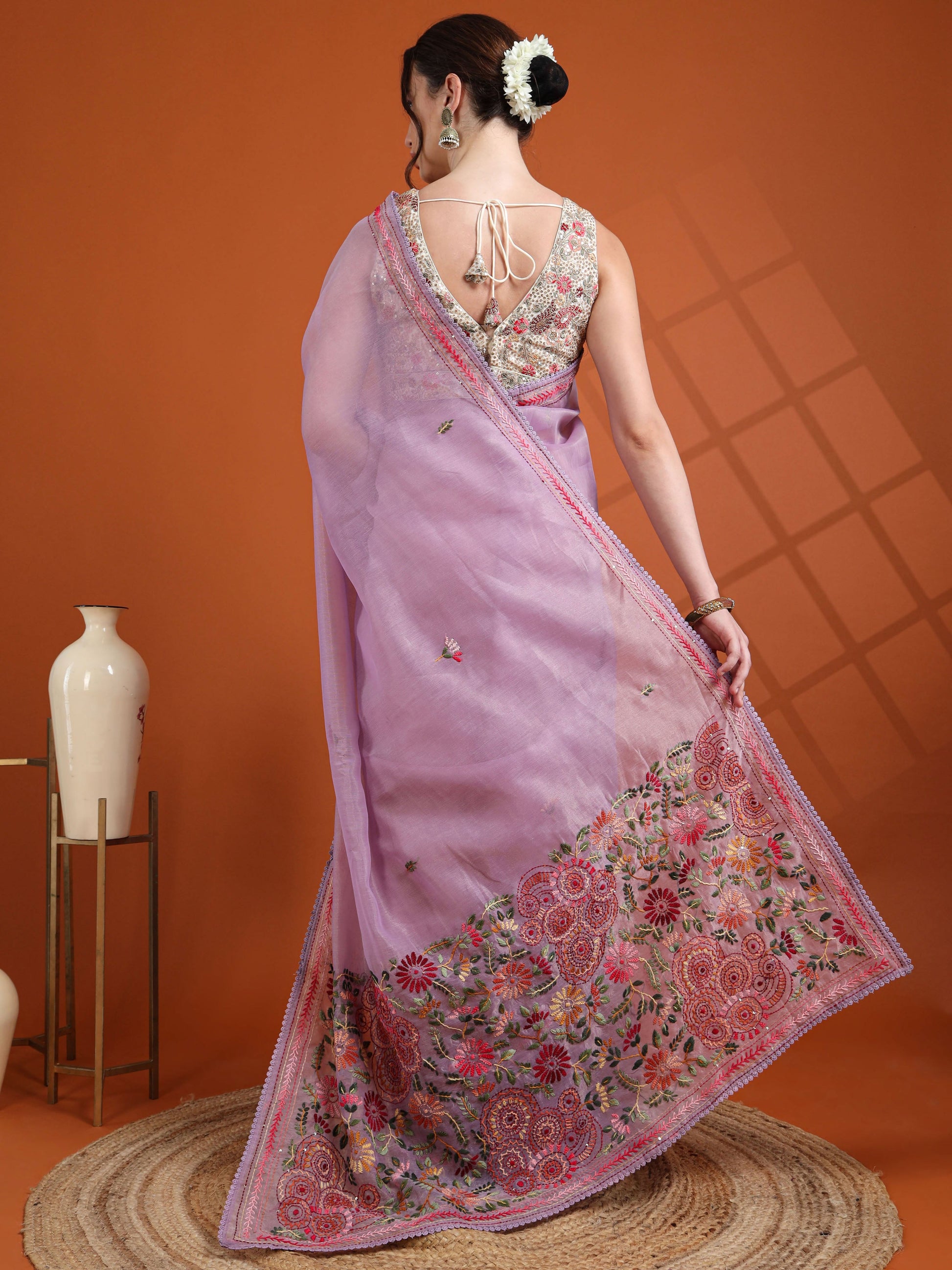 Lavender Chanderi Tissue Saree with Kantha Hand Embroidery