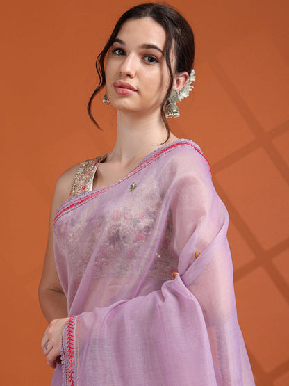 Lavender Chanderi Tissue Saree with Kantha Hand Embroidery