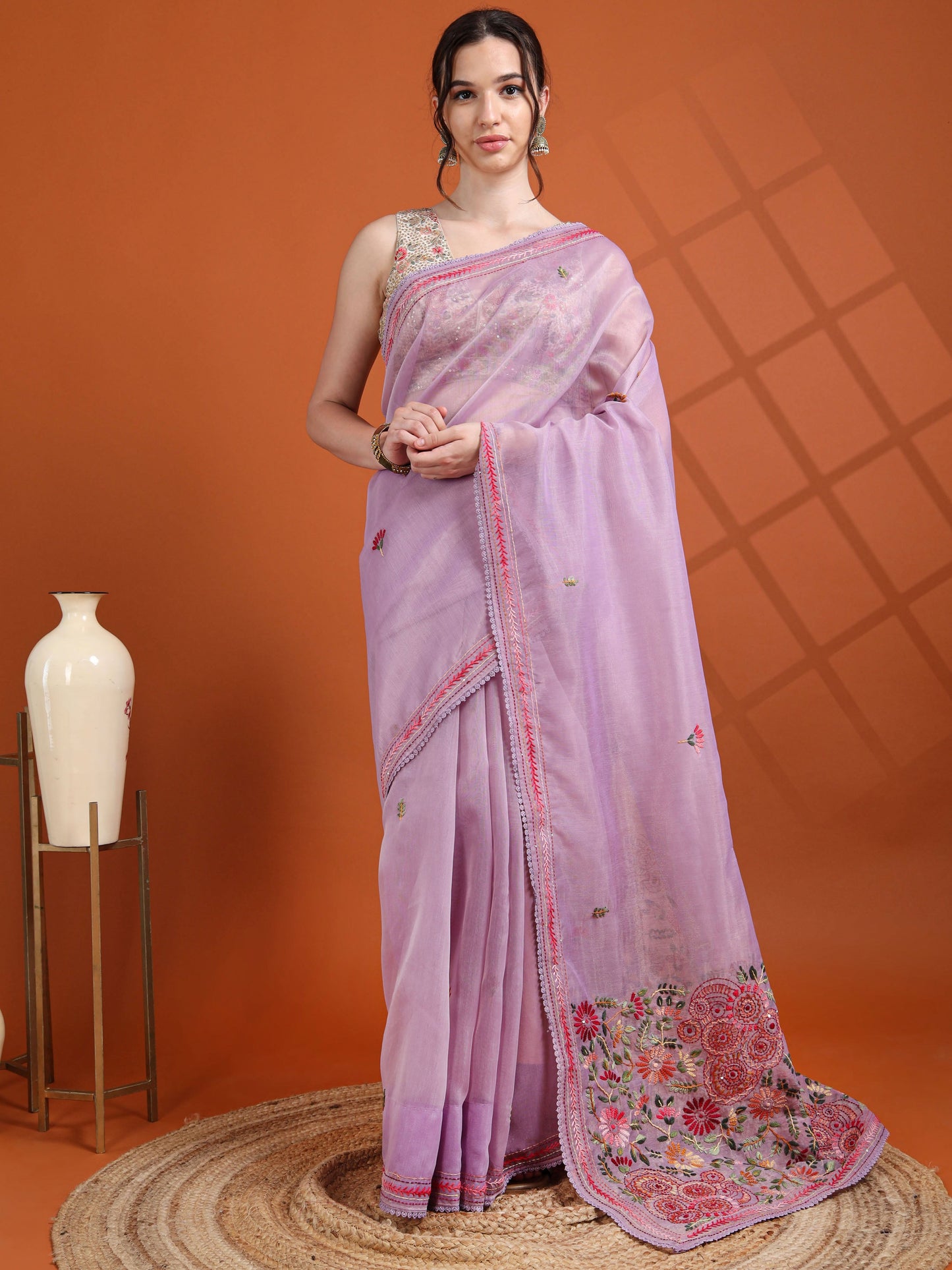 Lavender Chanderi Tissue Saree with Kantha Hand Embroidery