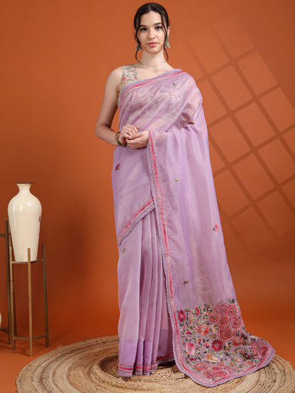 Lavender Chanderi Tissue Saree with Kantha Hand Embroidery