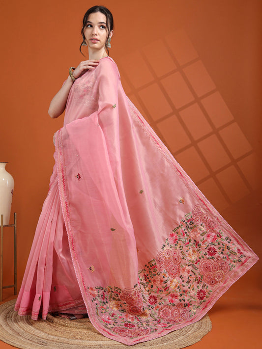 Blush Pink Chanderi Tissue Saree with Kantha Hand Work