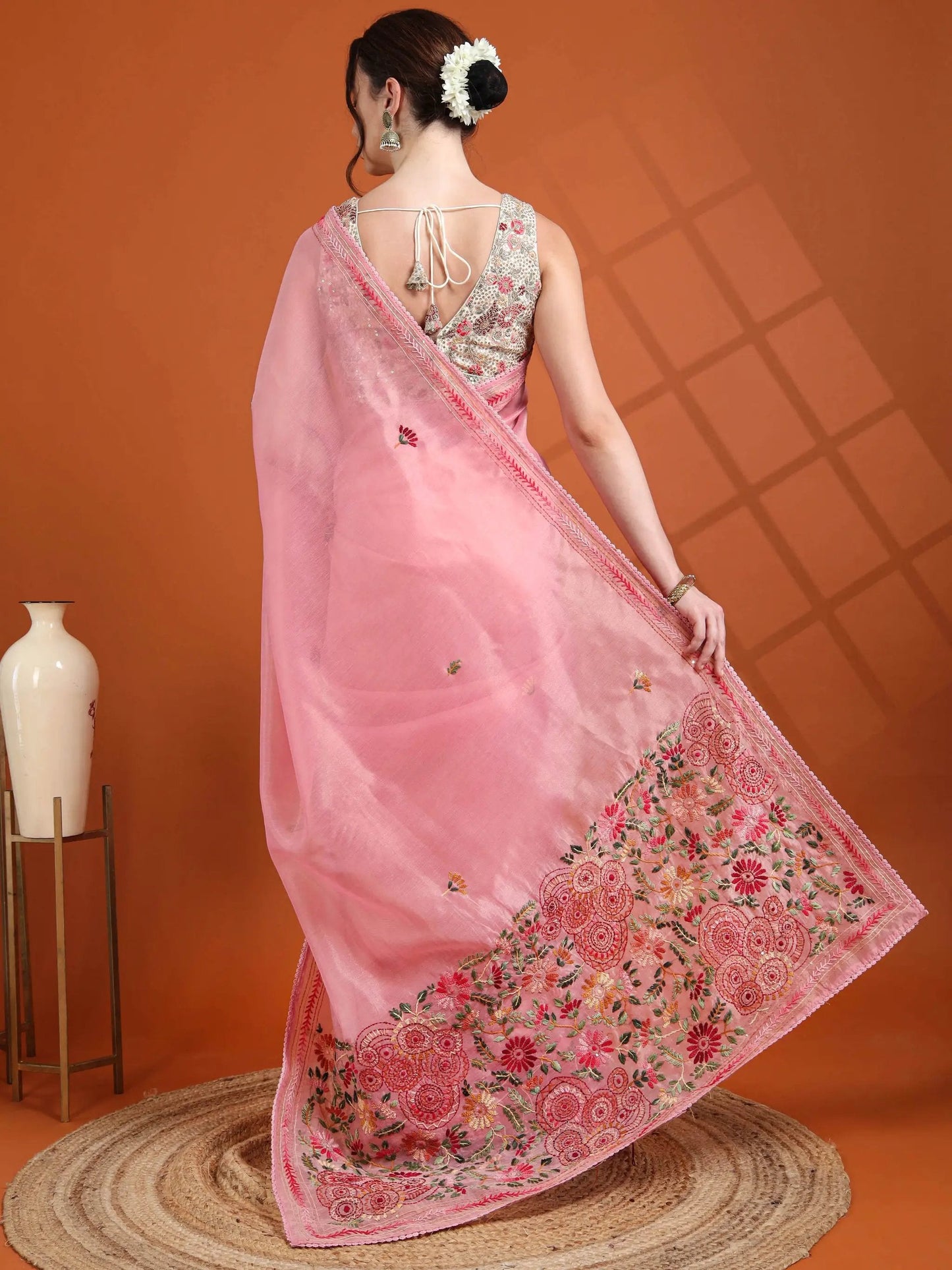 Blush Pink Chanderi Tissue Saree with Kantha Hand Work