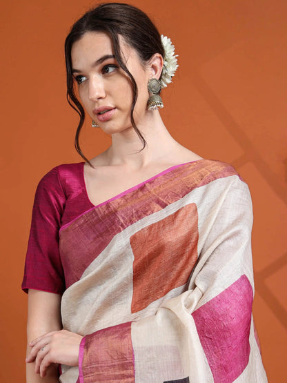 Ivory & Multicolor Geometric Tussar Silk Saree