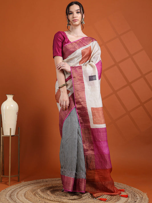 Ivory & Multicolor Geometric Tussar Silk Saree