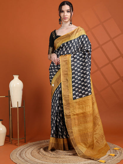 Black & Mustard Pure Tussar Silk Saree