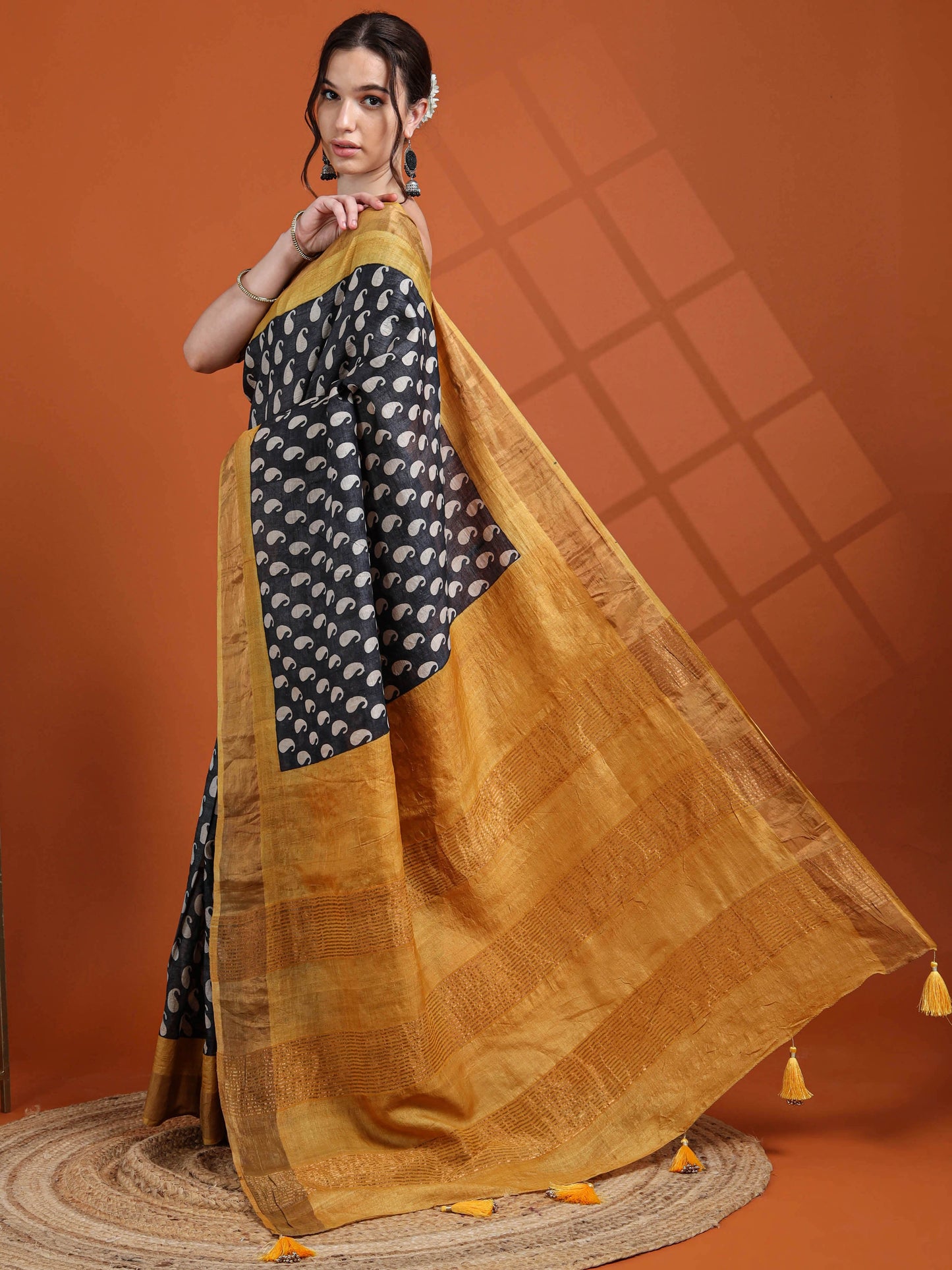 Black & Mustard Pure Tussar Silk Saree