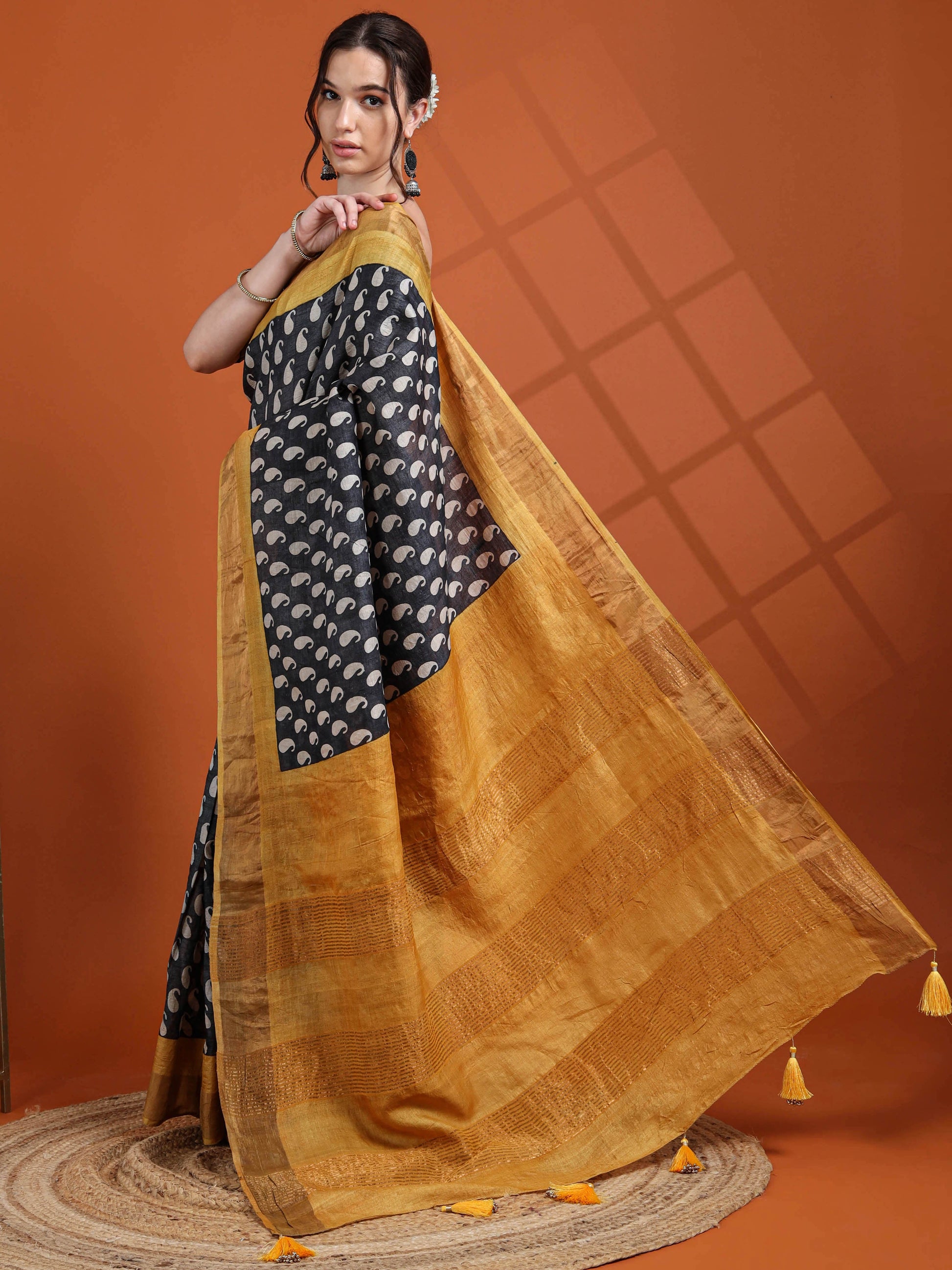 Black & Mustard Pure Tussar Silk Saree