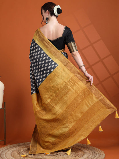 Black & Mustard Pure Tussar Silk Saree