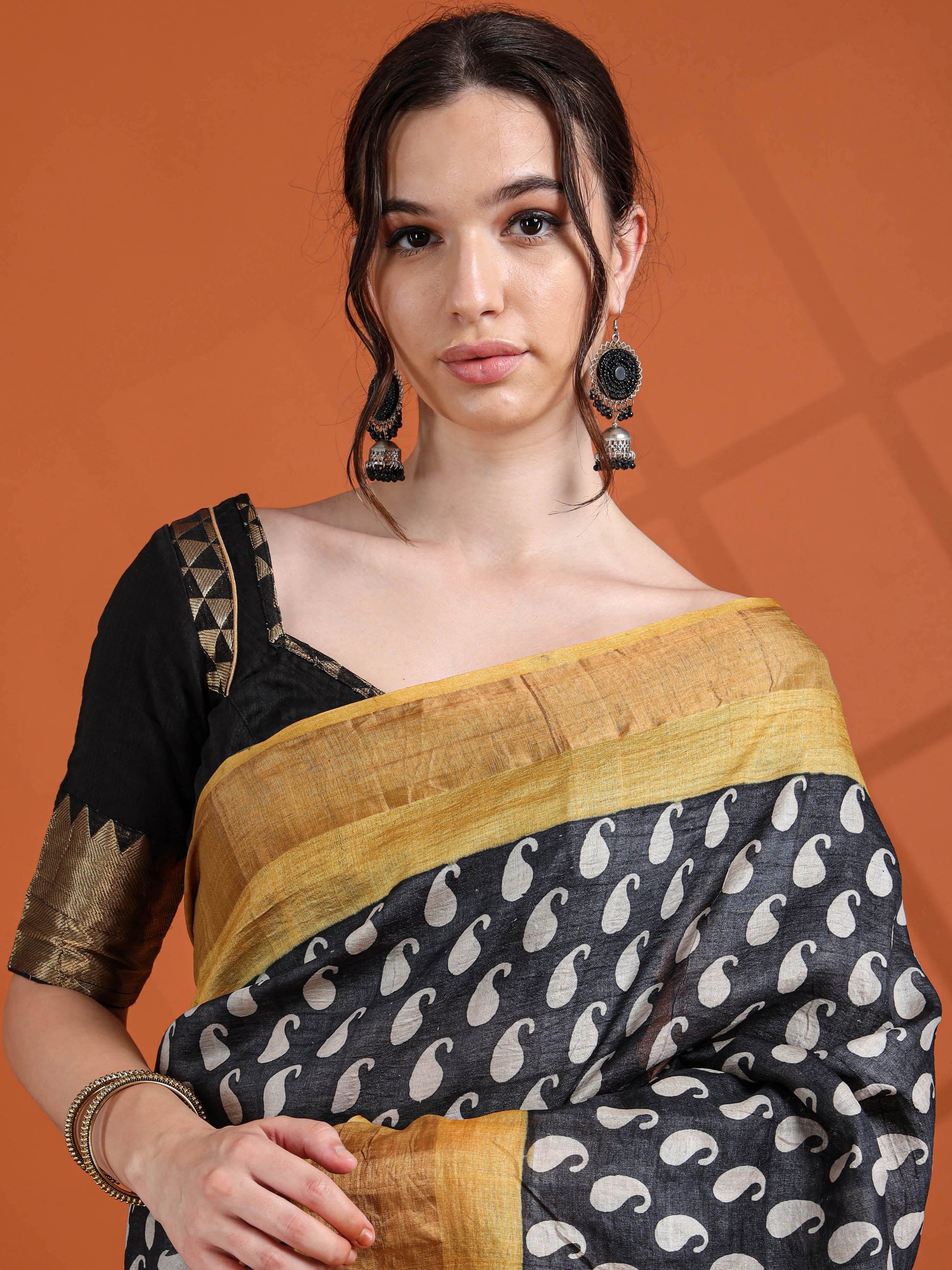 Black & Mustard Pure Tussar Silk Saree