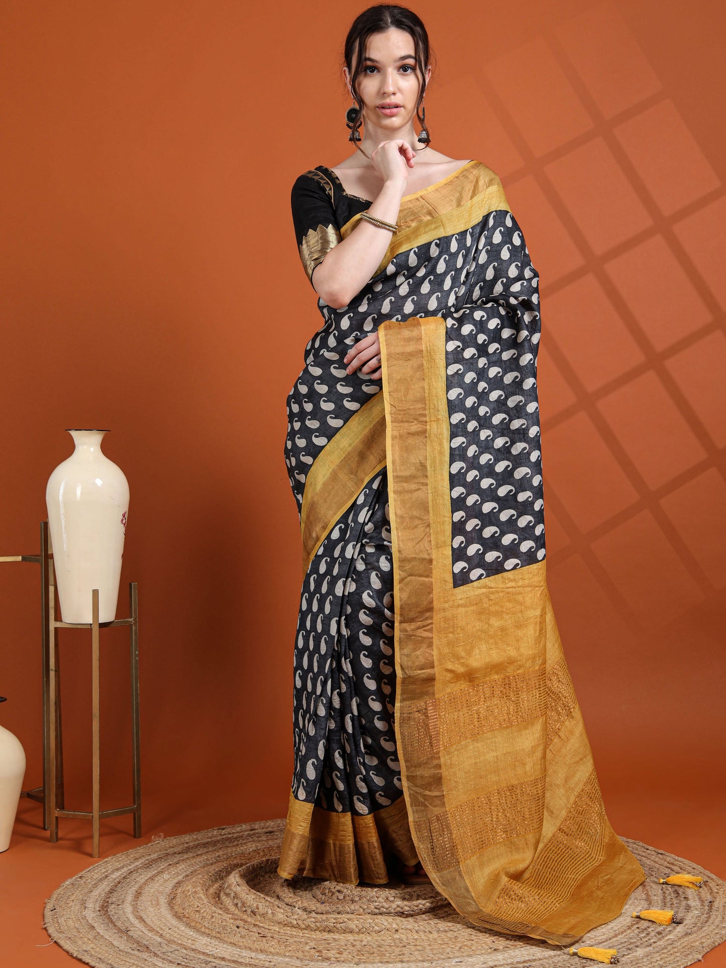 Black & Mustard Pure Tussar Silk Saree