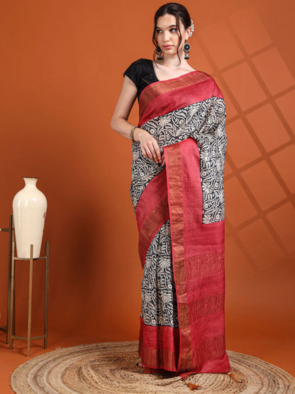 Black & Red Kalamkari-Inspired Tussar Silk Saree