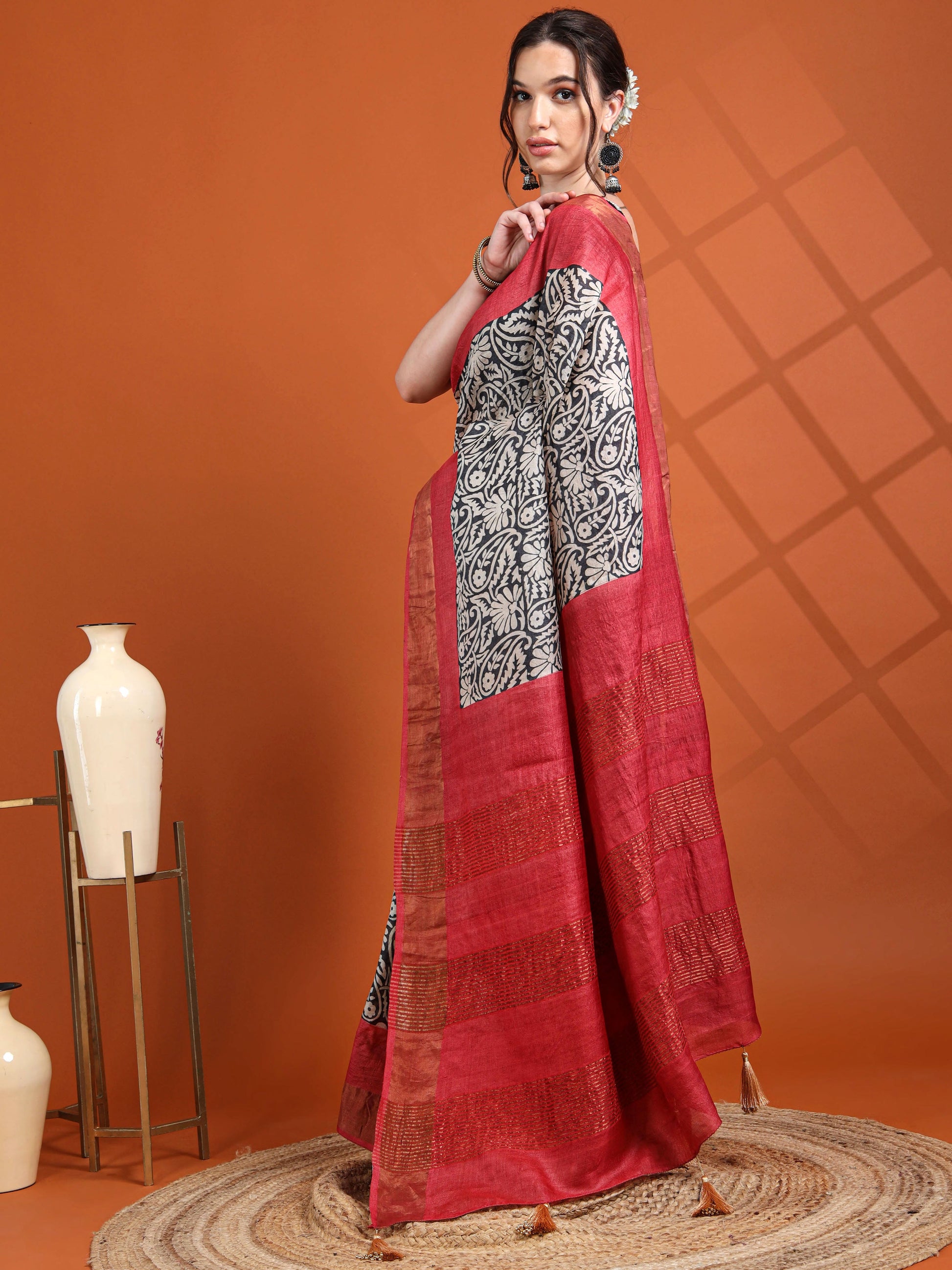 Black & Red Kalamkari-Inspired Tussar Silk Saree