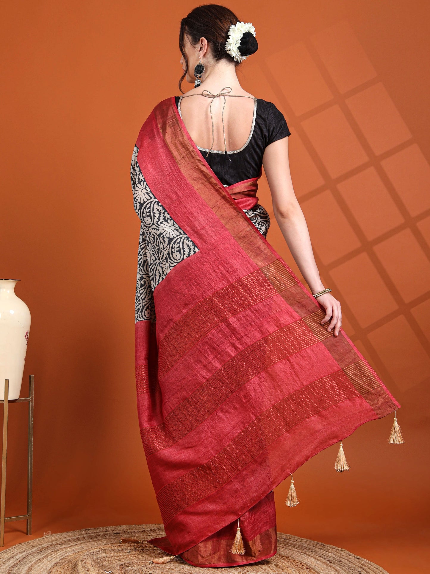 Black & Red Kalamkari-Inspired Tussar Silk Saree