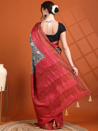 Black & Red Kalamkari-Inspired Tussar Silk Saree