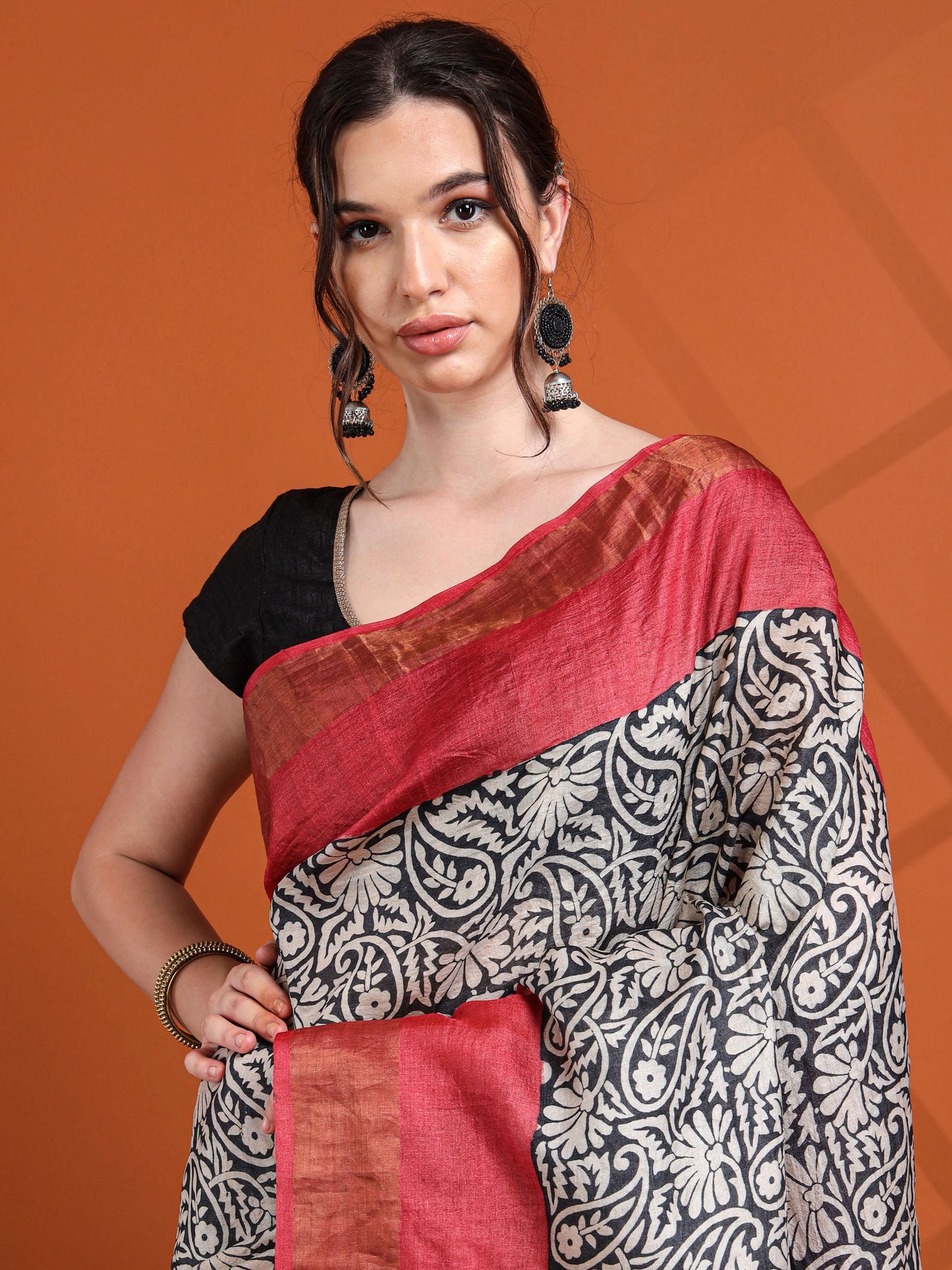 Black & Red Kalamkari-Inspired Tussar Silk Saree