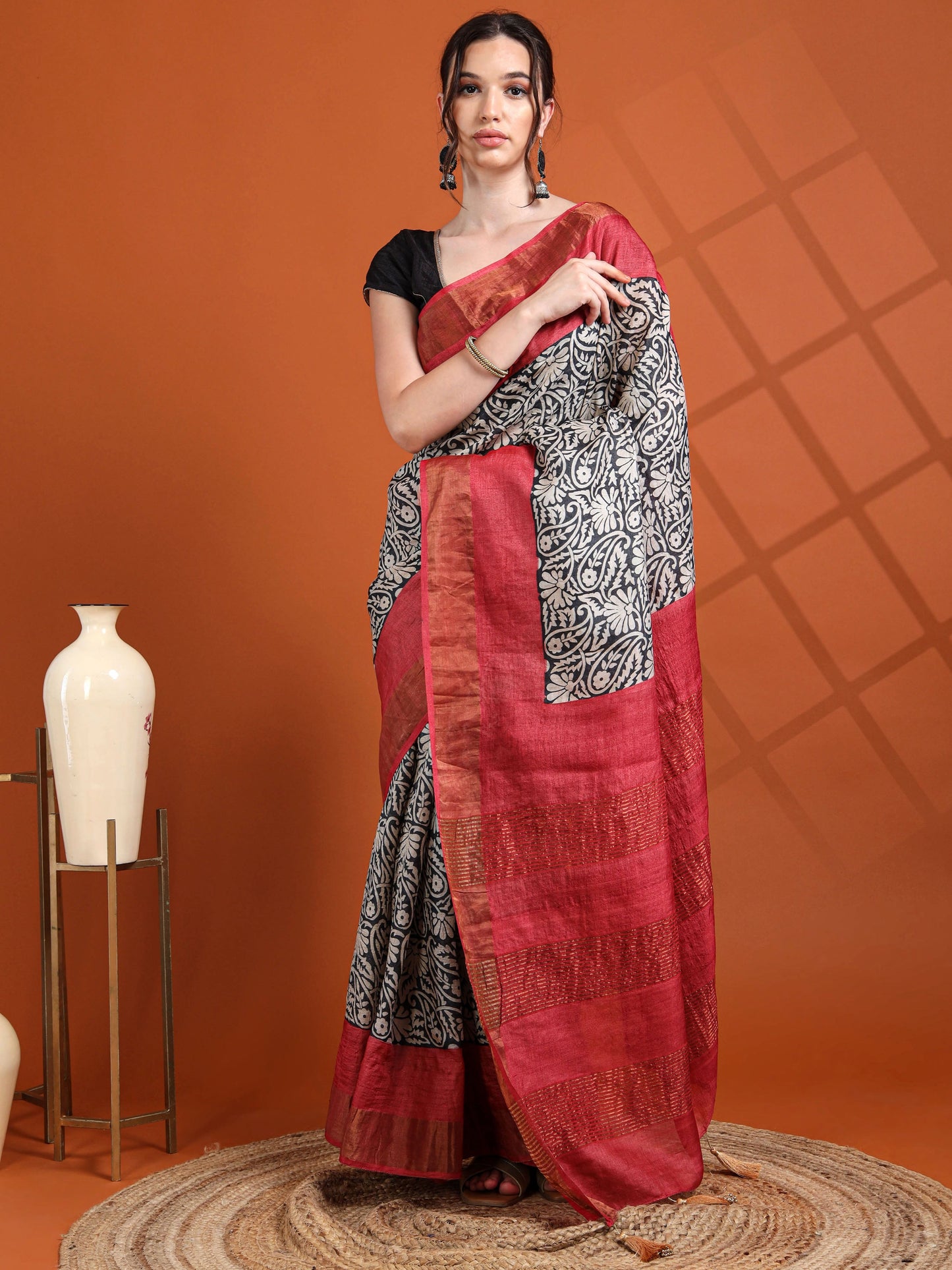 Black & Red Kalamkari-Inspired Tussar Silk Saree