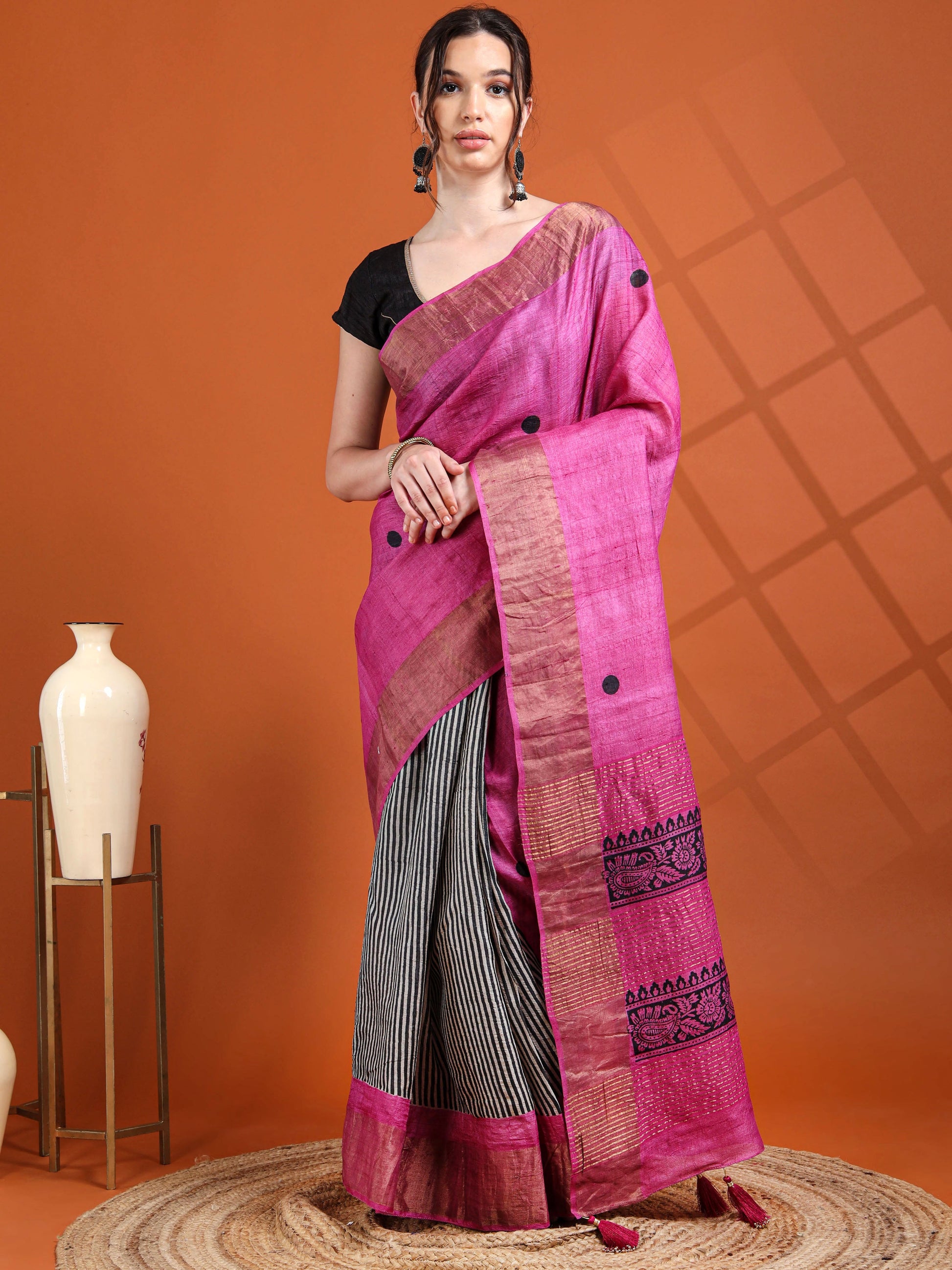 Magenta Tussar Silk Saree with Striped Pleats