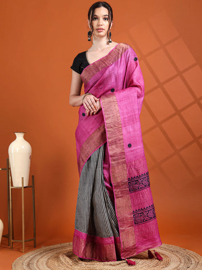 Magenta Tussar Silk Saree with Striped Pleats