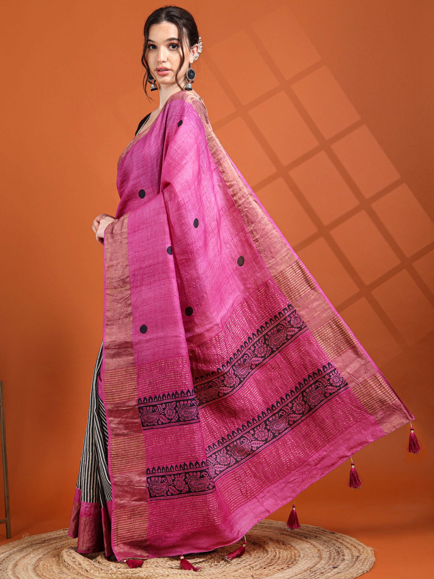 Magenta Tussar Silk Saree with Striped Pleats