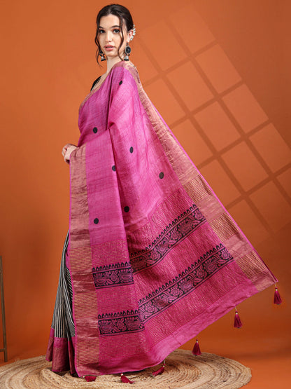 Magenta Tussar Silk Saree with Striped Pleats