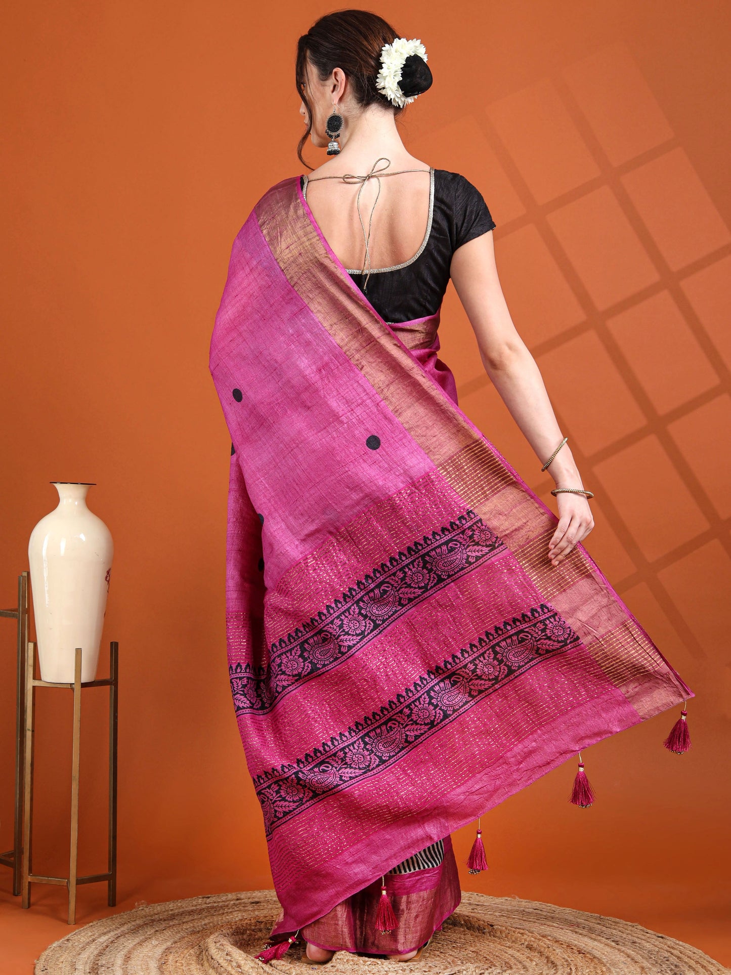 Magenta Tussar Silk Saree with Striped Pleats