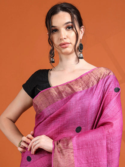 Magenta Tussar Silk Saree with Striped Pleats