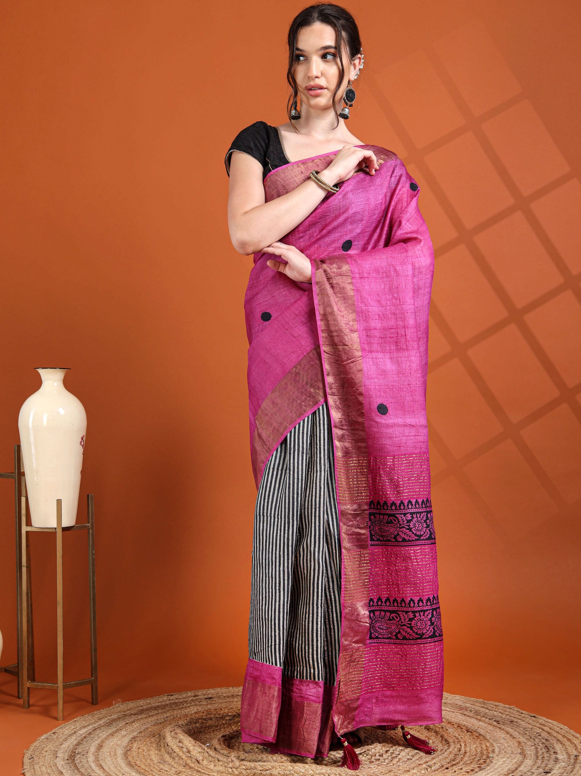 Magenta Tussar Silk Saree with Striped Pleats