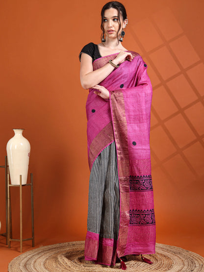 Magenta Tussar Silk Saree with Striped Pleats