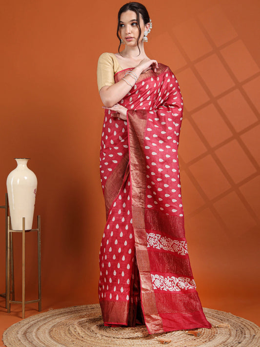 Cherry Pink Tussar Silk Saree with Raindrop Motifs