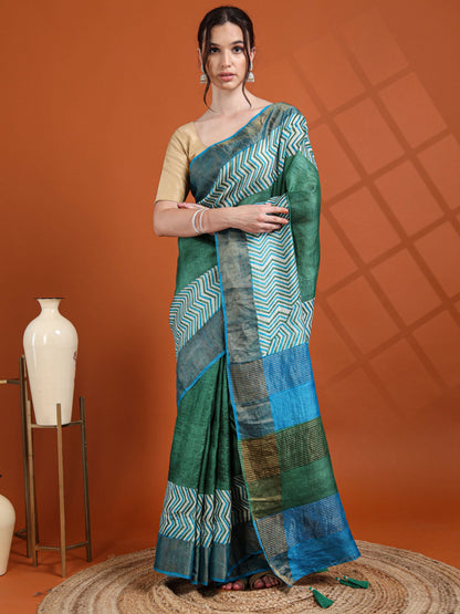 Green & Blue Dual Tone Tussar Silk Saree
