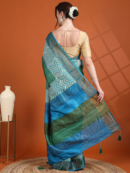 Green & Blue Dual Tone Tussar Silk Saree