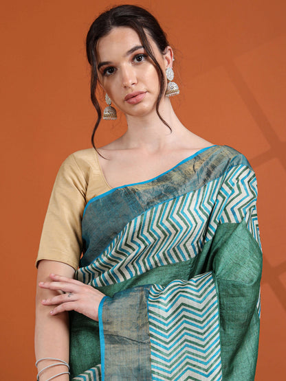 Green & Blue Dual Tone Tussar Silk Saree