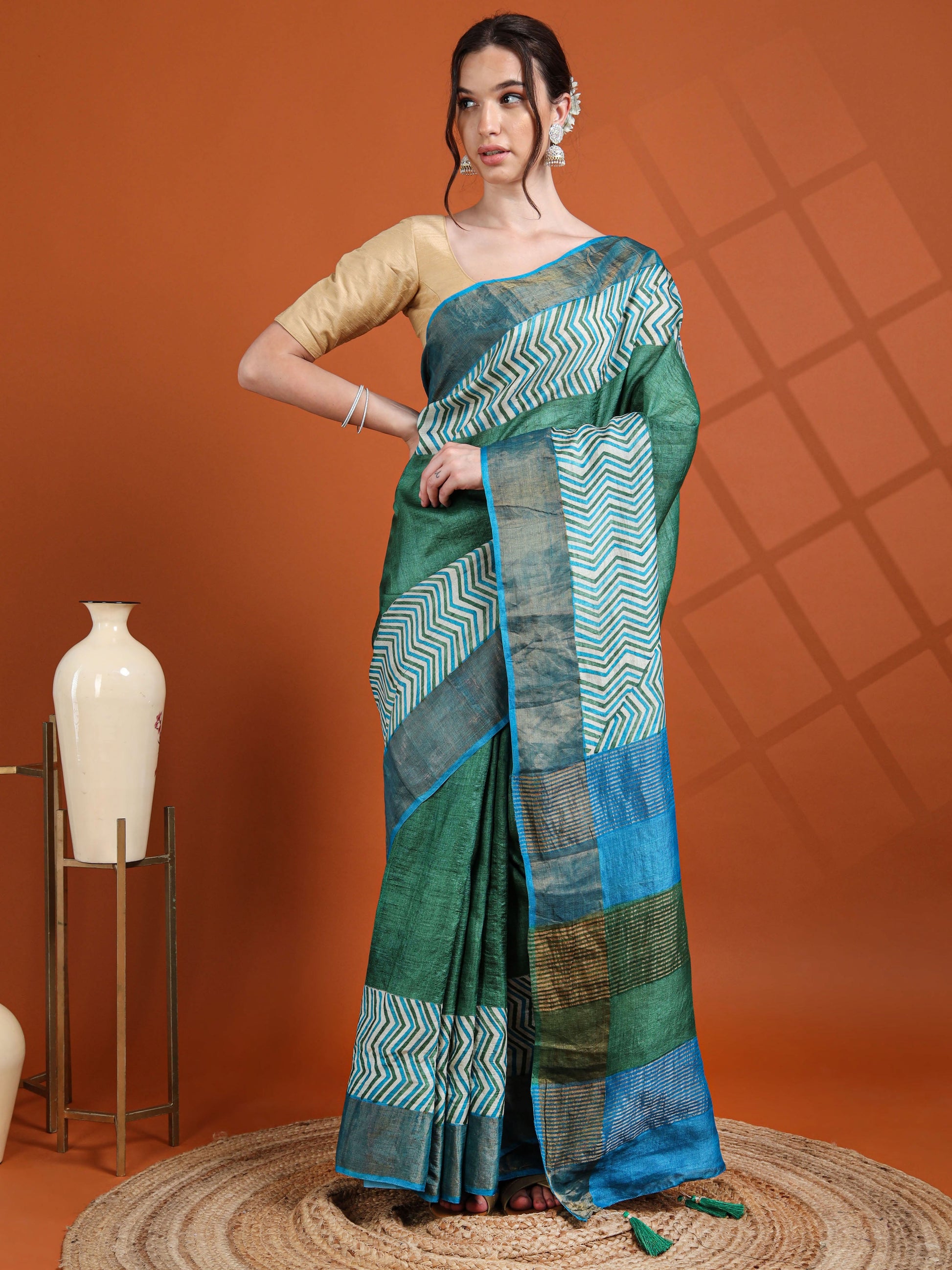 Green & Blue Dual Tone Tussar Silk Saree