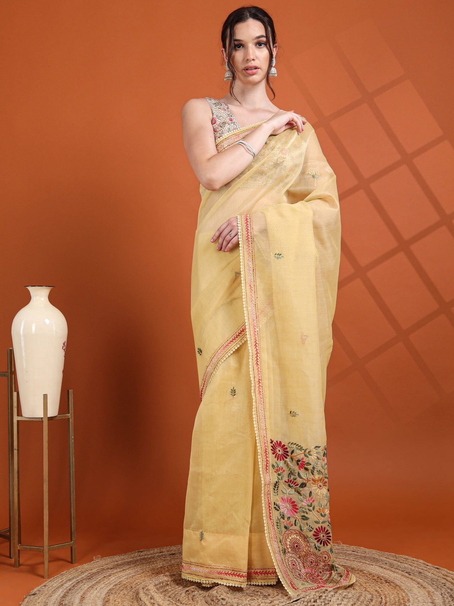 Sunshine Yellow Chanderi Tissue Saree with Floral Kantha Hand Embroidery