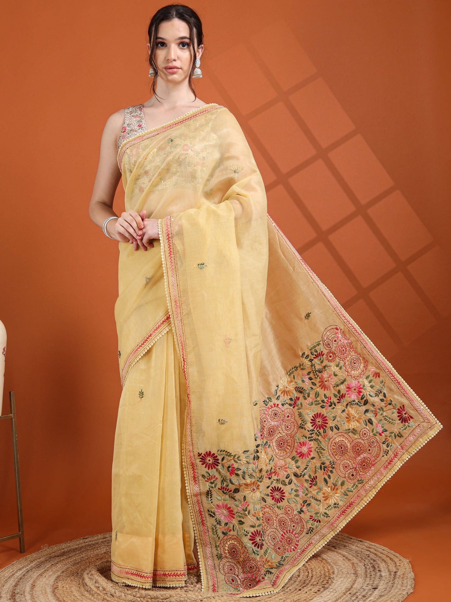 Sunshine Yellow Chanderi Tissue Saree with Floral Kantha Hand Embroidery