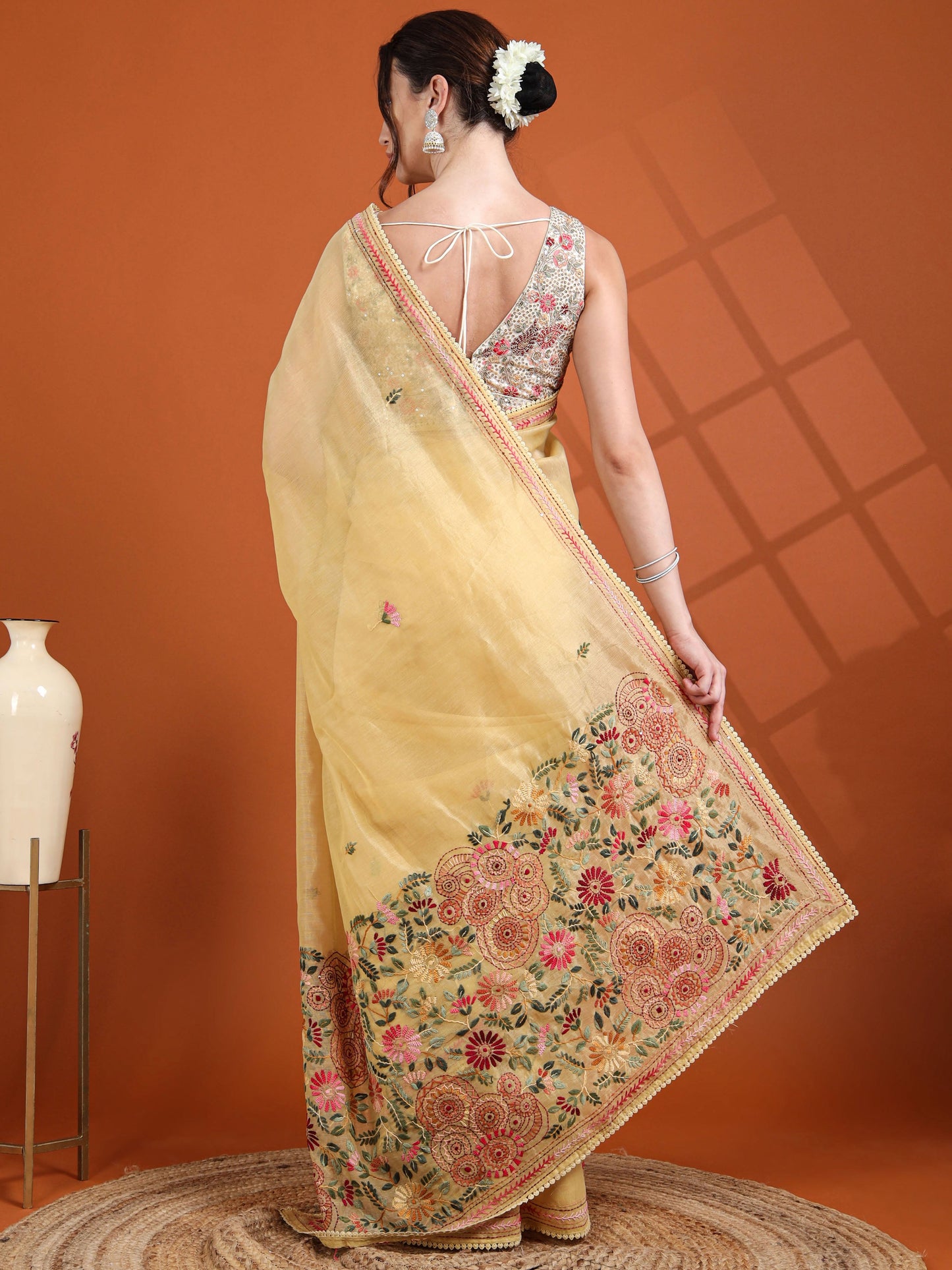 Sunshine Yellow Chanderi Tissue Saree with Floral Kantha Hand Embroidery