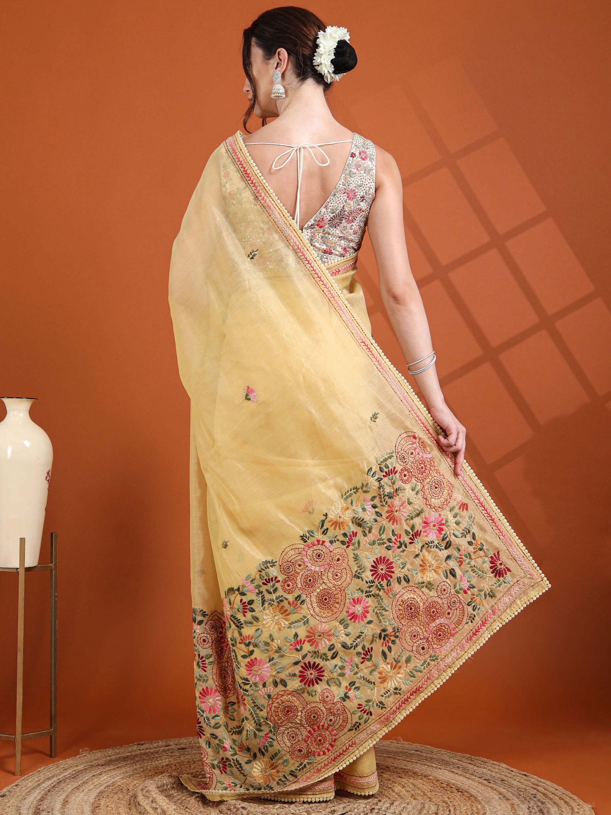 Sunshine Yellow Chanderi Tissue Saree with Floral Kantha Hand Embroidery