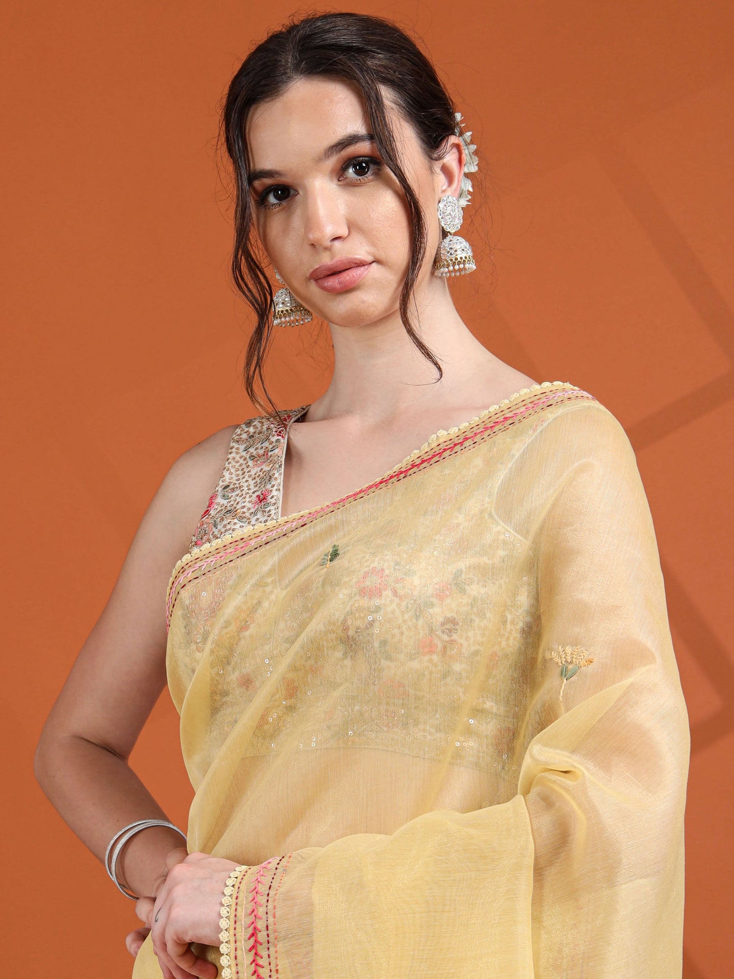 Sunshine Yellow Chanderi Tissue Saree with Floral Kantha Hand Embroidery